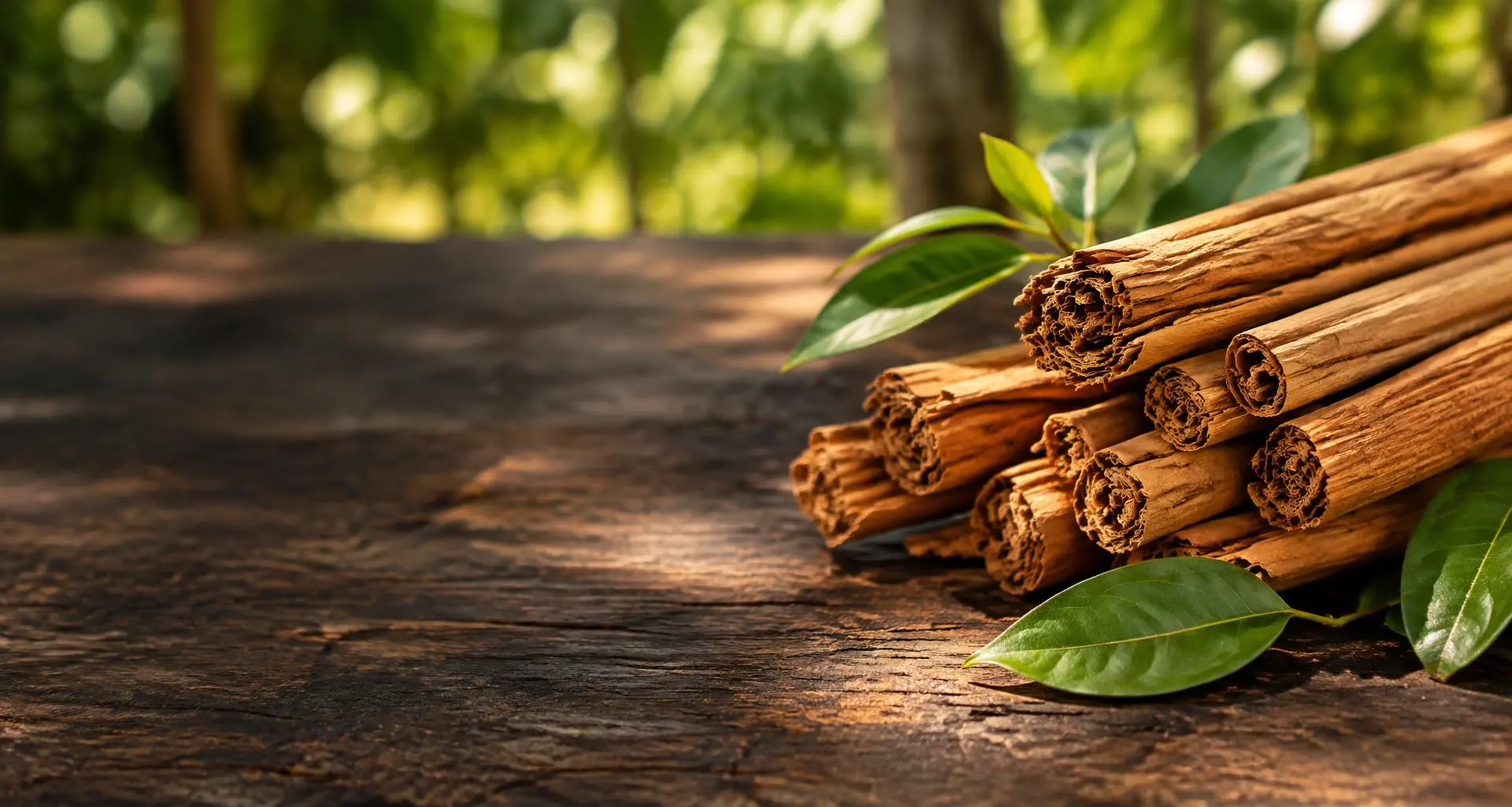 Fine layered Ceylon cinnamon quills with fresh cinnamon leaves